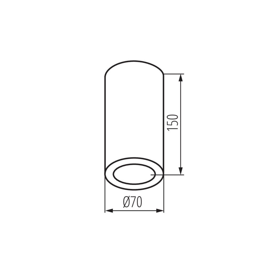 Schéma de dimensions indiquant une hauteur de 150 mm et un diamètre de 70 mm.