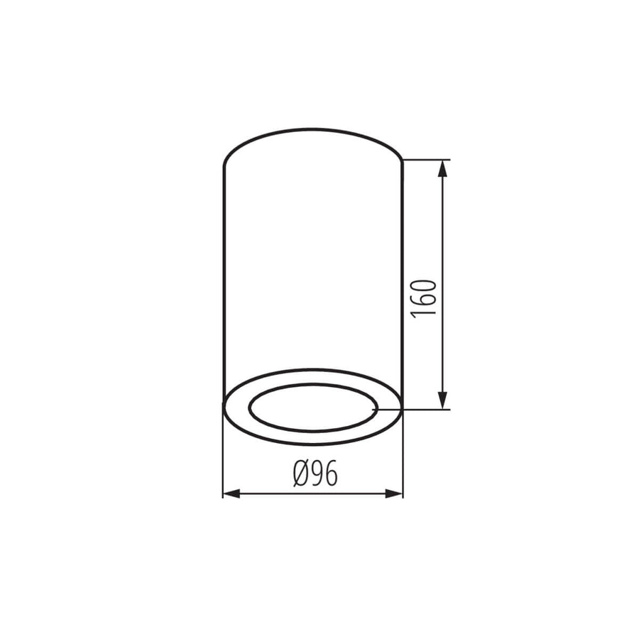 Schéma de dimensions du spot cylindrique : hauteur 160 mm et diamètre 96 mm.
