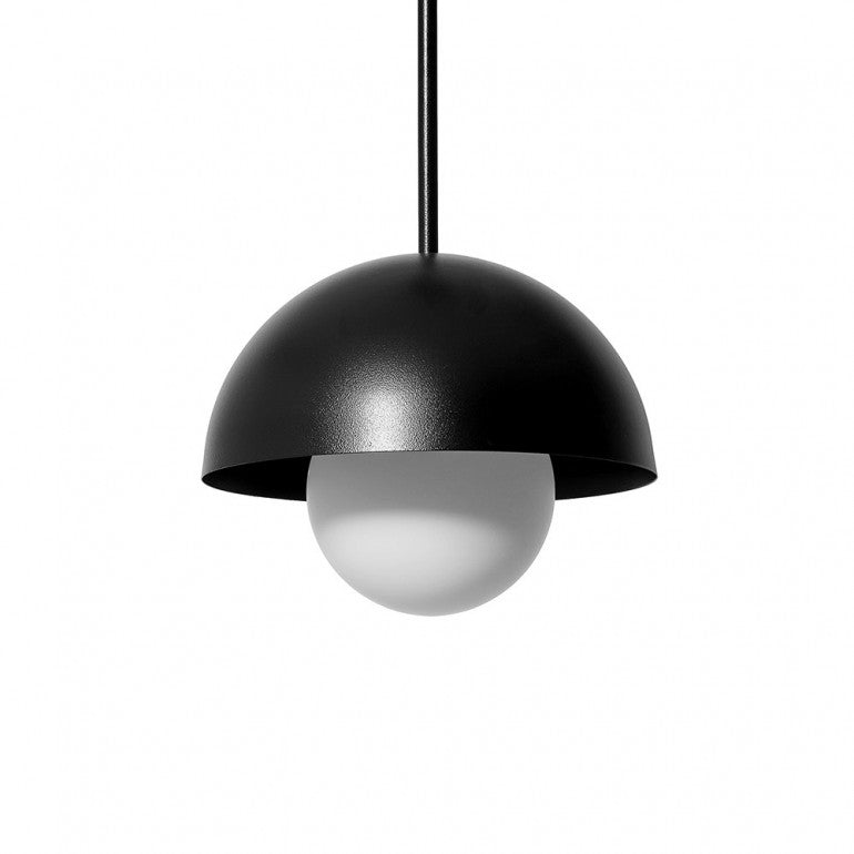Gros plan sur le dôme noir et la sphère diffusante en verre opalin