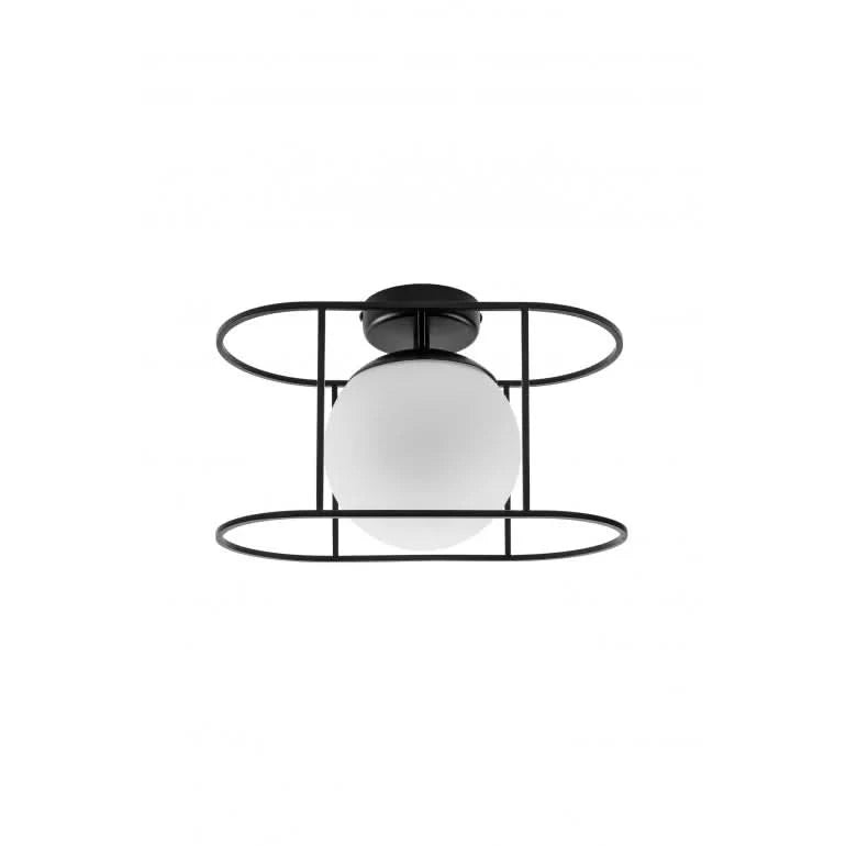 Face du luminaire sur fond blanc, globe opalin et cercles métalliques