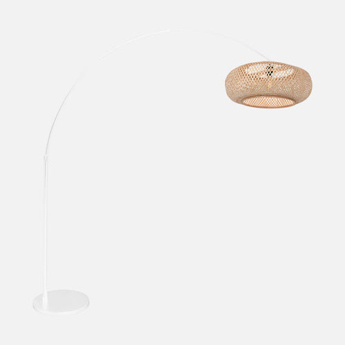 Woven bamboo arc floor lamp, large Ø60 lampshade, living room | Suvani