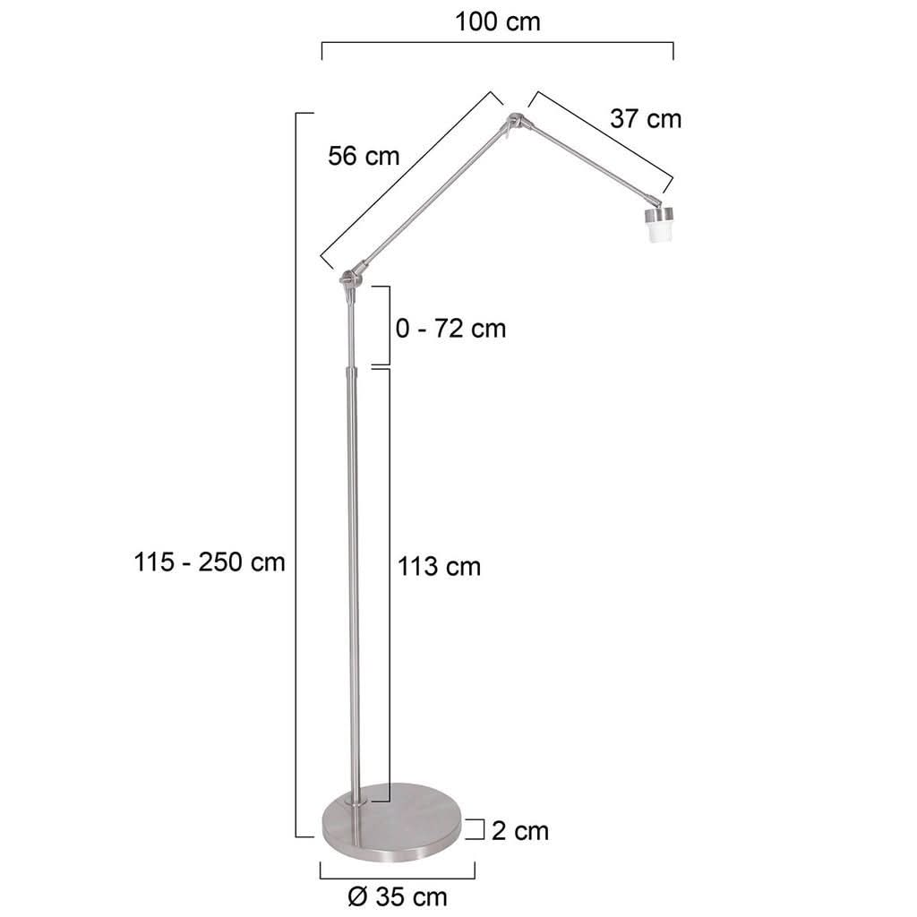 Schéma de dimensions avec hauteur réglable de 115 à 250 cm et base.