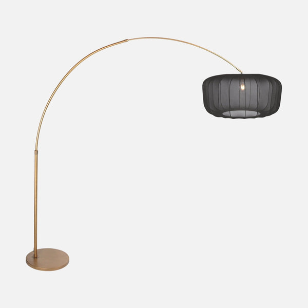 Gold arc floor lamp, black voile shade Ø 60 cm for living room | Arvik