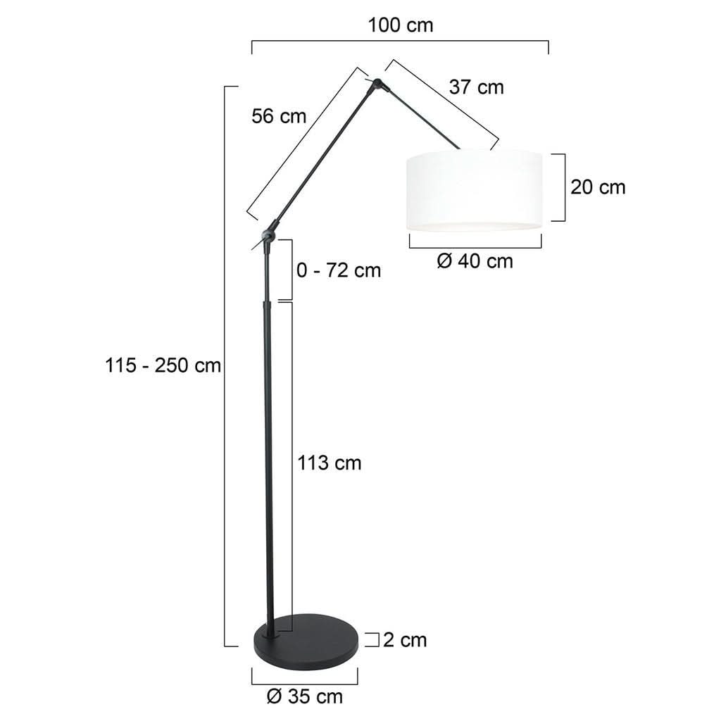 Schéma technique coté du lampadaire avec hauteur et dimensions de l'abat-jour.