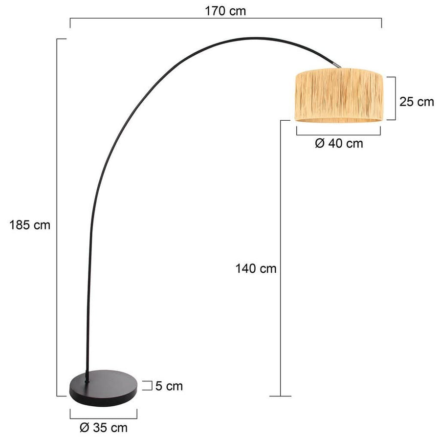 Schéma coté du lampadaire avec hauteur, portée et diamètres indiqués