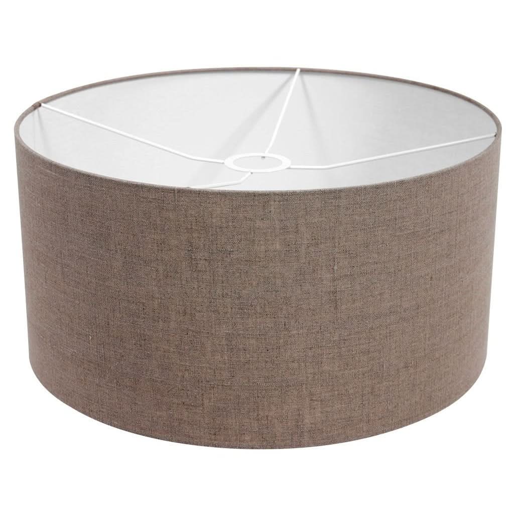 Détail du dessus de l'abat-jour cylindrique en tissu et de son armature blanche.