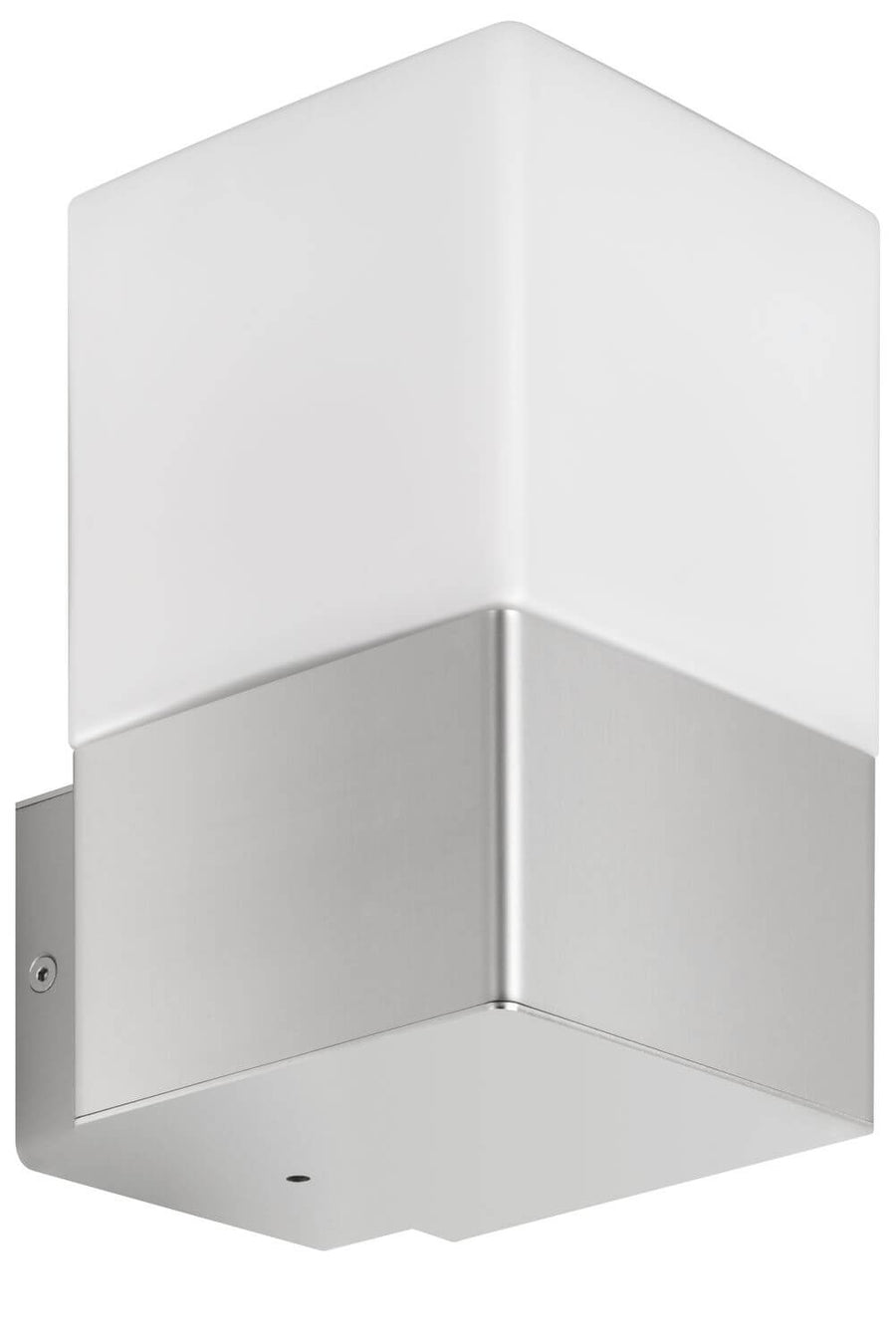 Vue de face d'une applique murale carrée en inox avec diffuseur blanc laiteux.