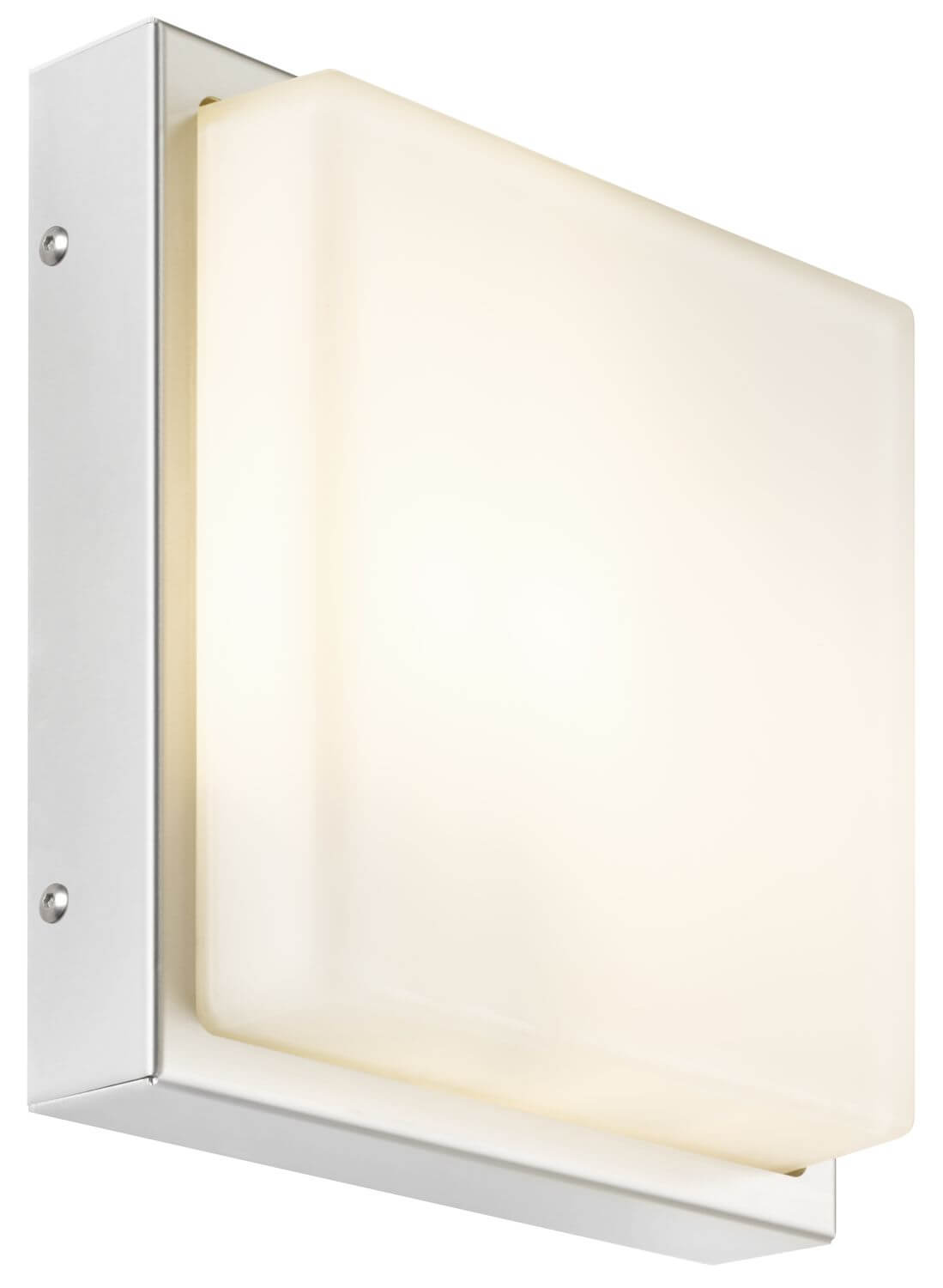 Détail de l'applique allumée, lumière chaude diffusée par le carré blanc translucide.