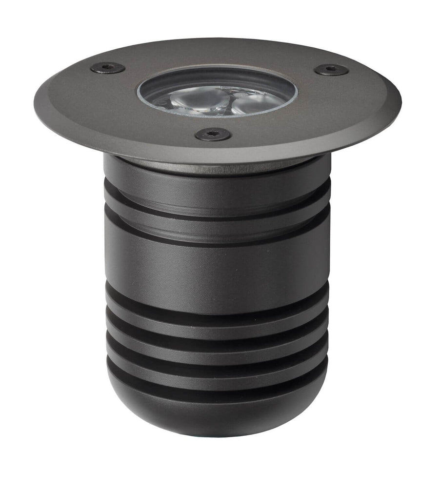 Vue de trois quarts du luminaire complet, corps cylindrique nervuré et collerette anthracite.