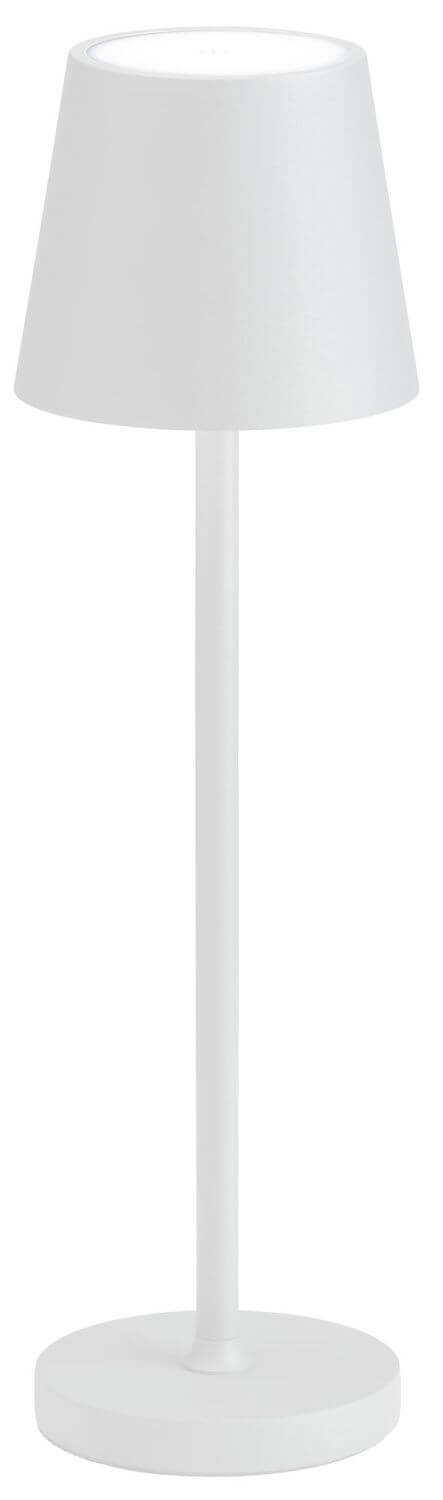 Lampe à poser blanche présentée de face sur fond blanc, abat-jour conique et pied central.
