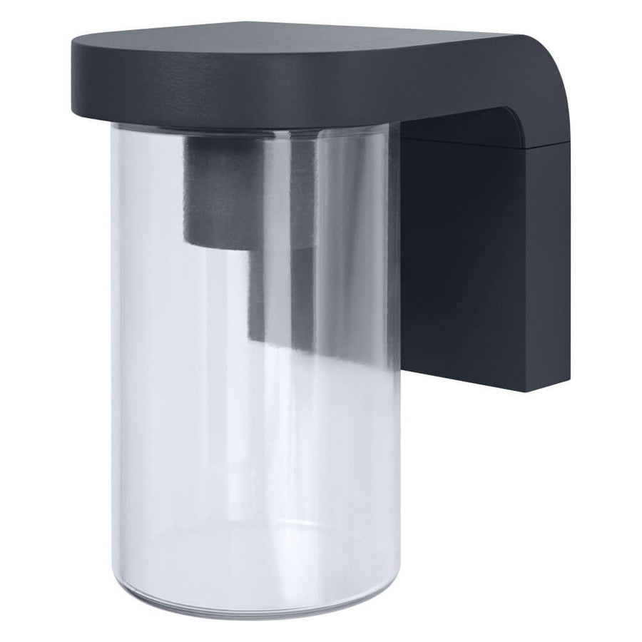 Second visuel du luminaire extérieur, capot noir et cylindre en verre clair.