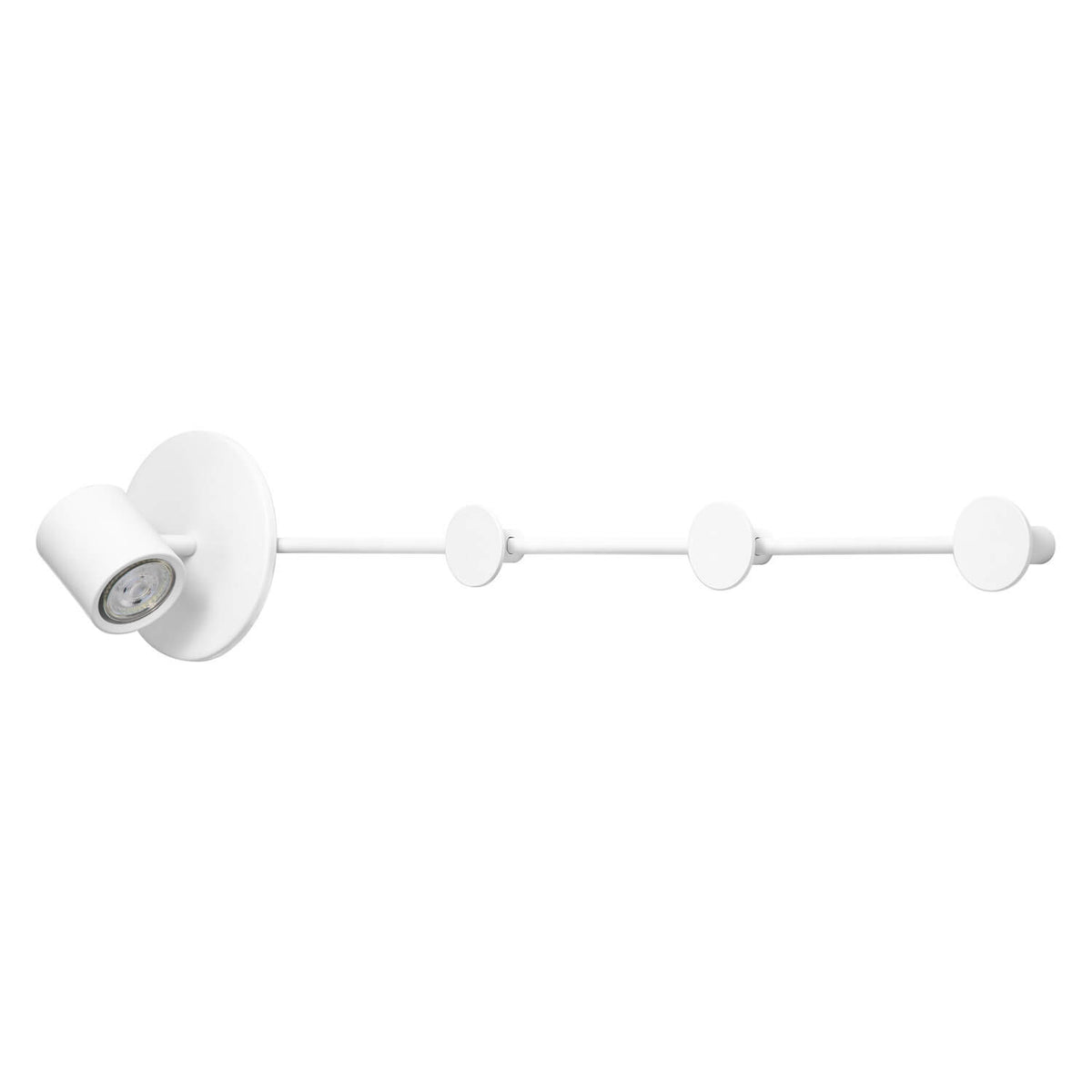 Applique murale blanche avec long bras horizontal et spot orientable, vue de face sur fond blanc.
