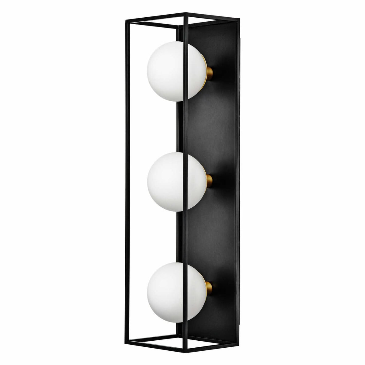 Luminaire rectangulaire noir avec trois globes opalins alignés verticalement sur fond blanc.