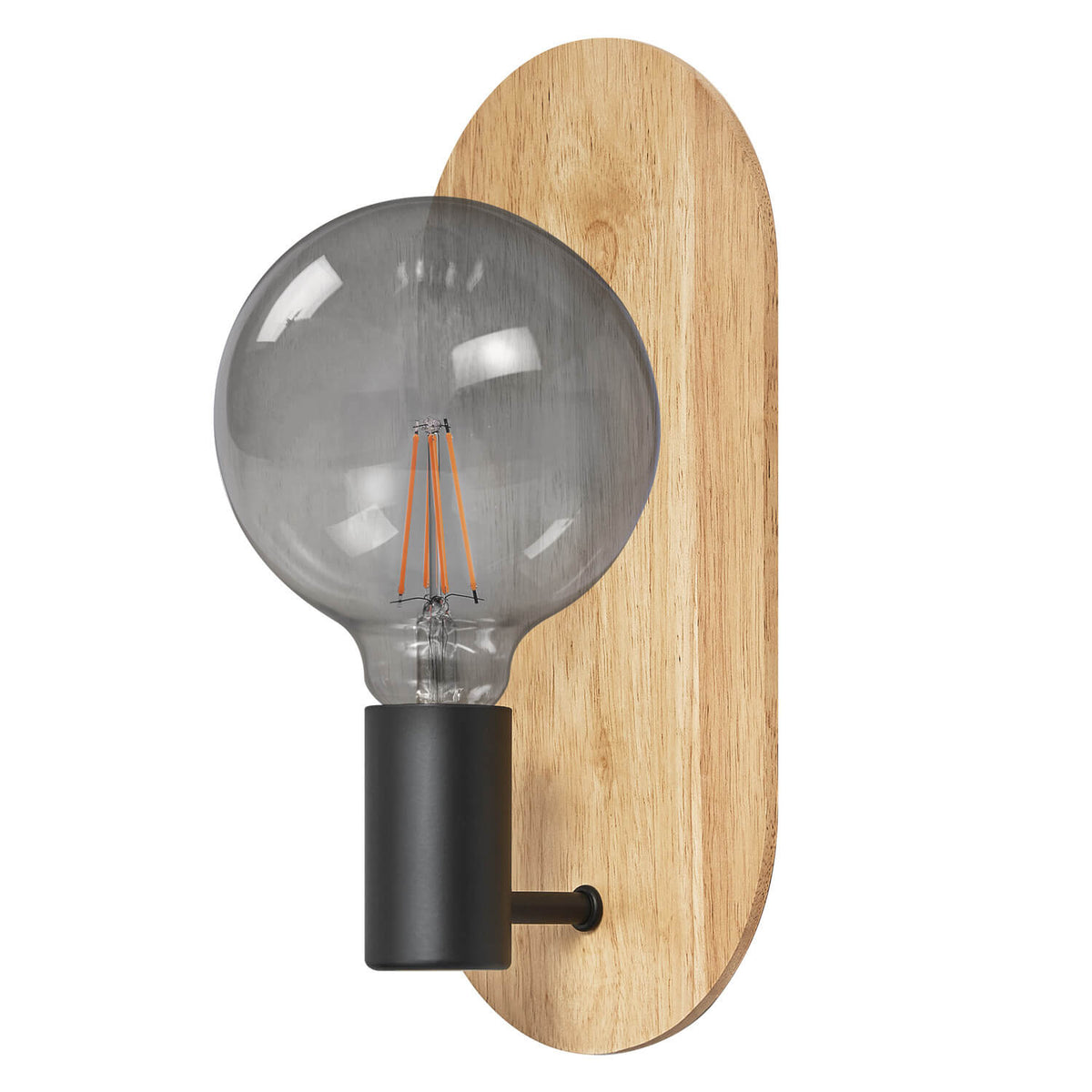 Applique murale de face avec support ovale en bois clair et douille noire.