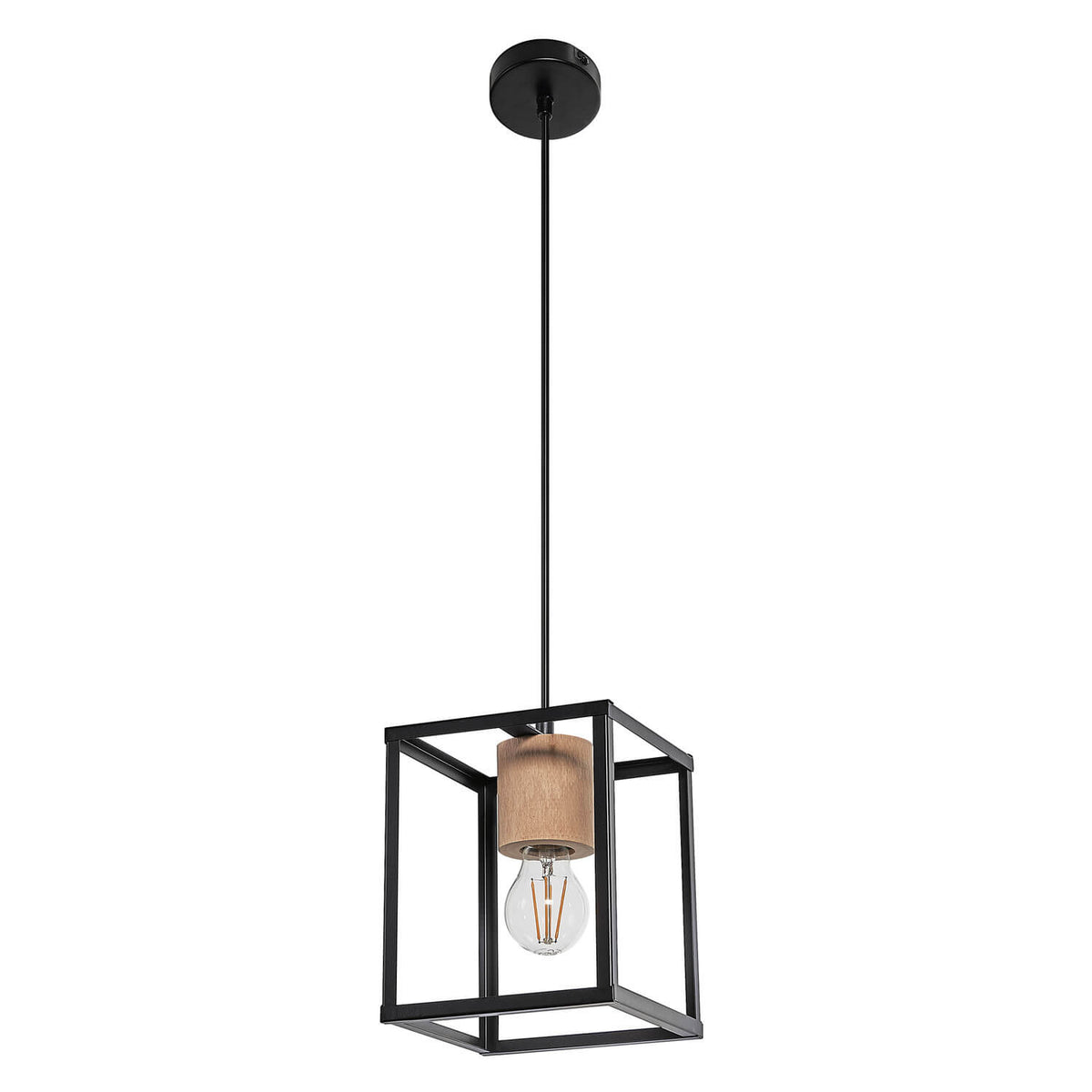 Suspension noire à cadre cubique ouvert et douille cylindrique en bois clair.