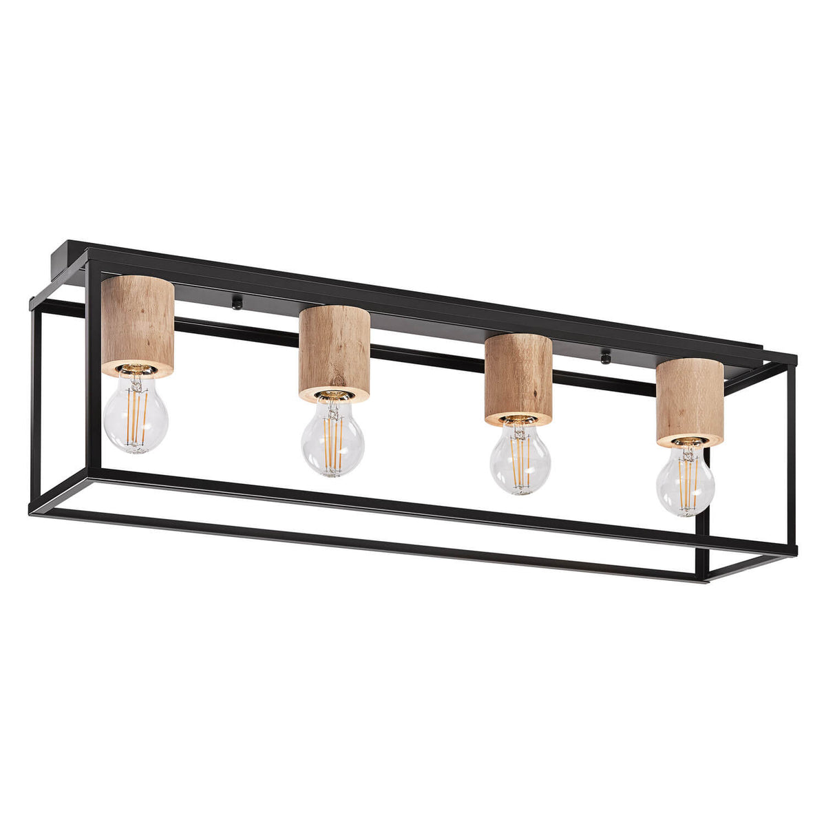 Plafonnier noir rectangulaire avec quatre douilles en bois et ampoules transparentes