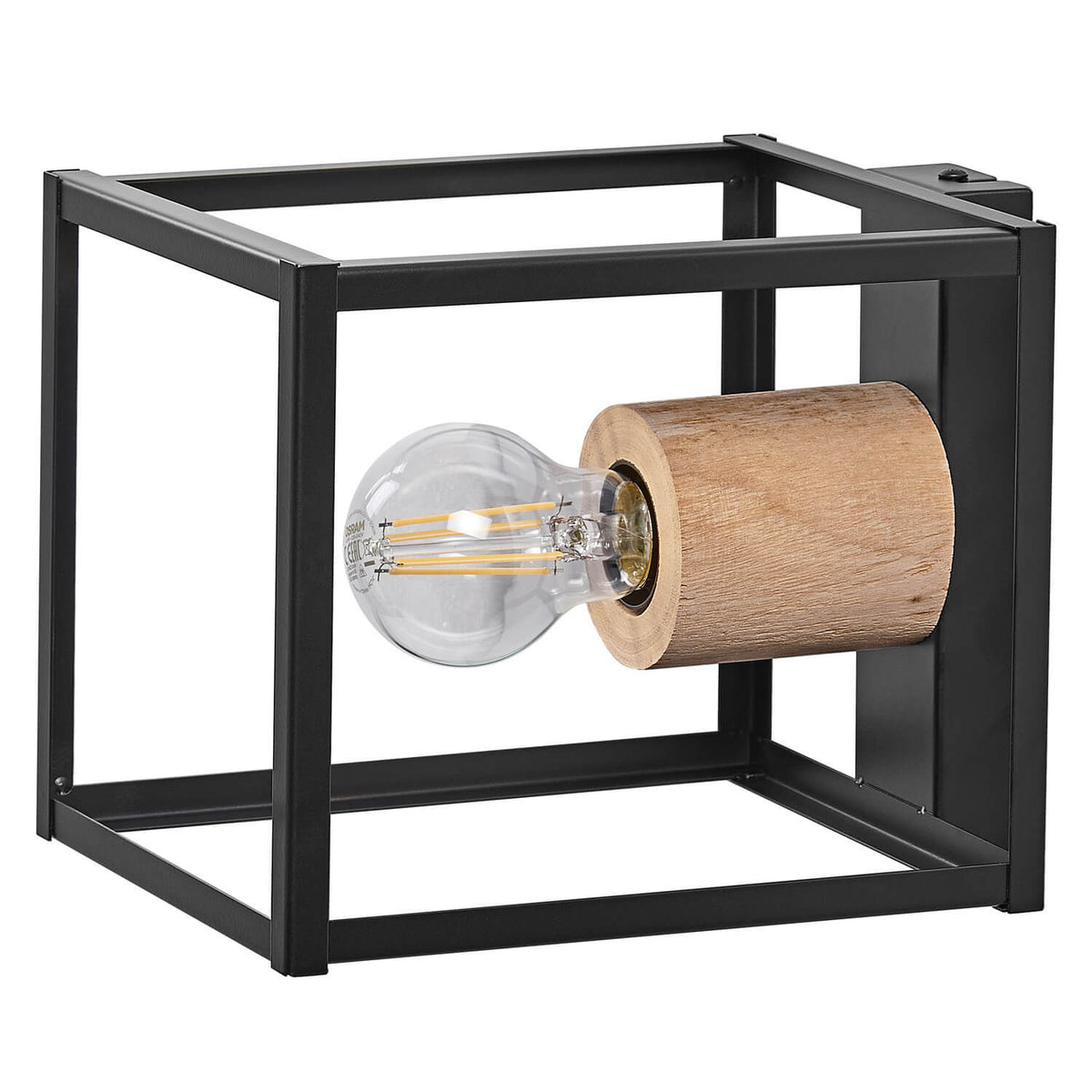 Applique murale en métal noir, cadre cubique ouvert et douille cylindrique en bois clair.