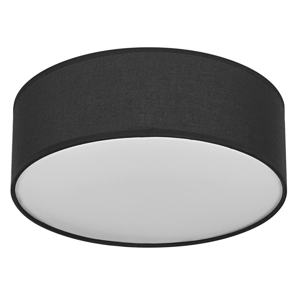 Plafonnier rond noir en tissu vu de dessous avec diffuseur blanc