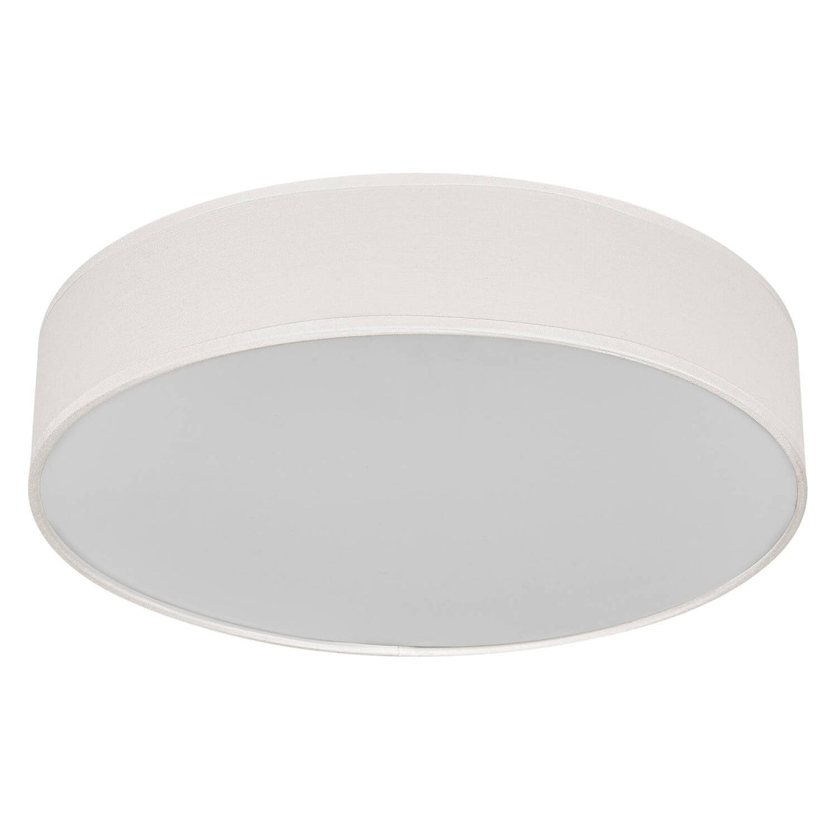 Plafonnier rond beige en tissu, abat-jour cylindrique et diffuseur blanc vu de face.