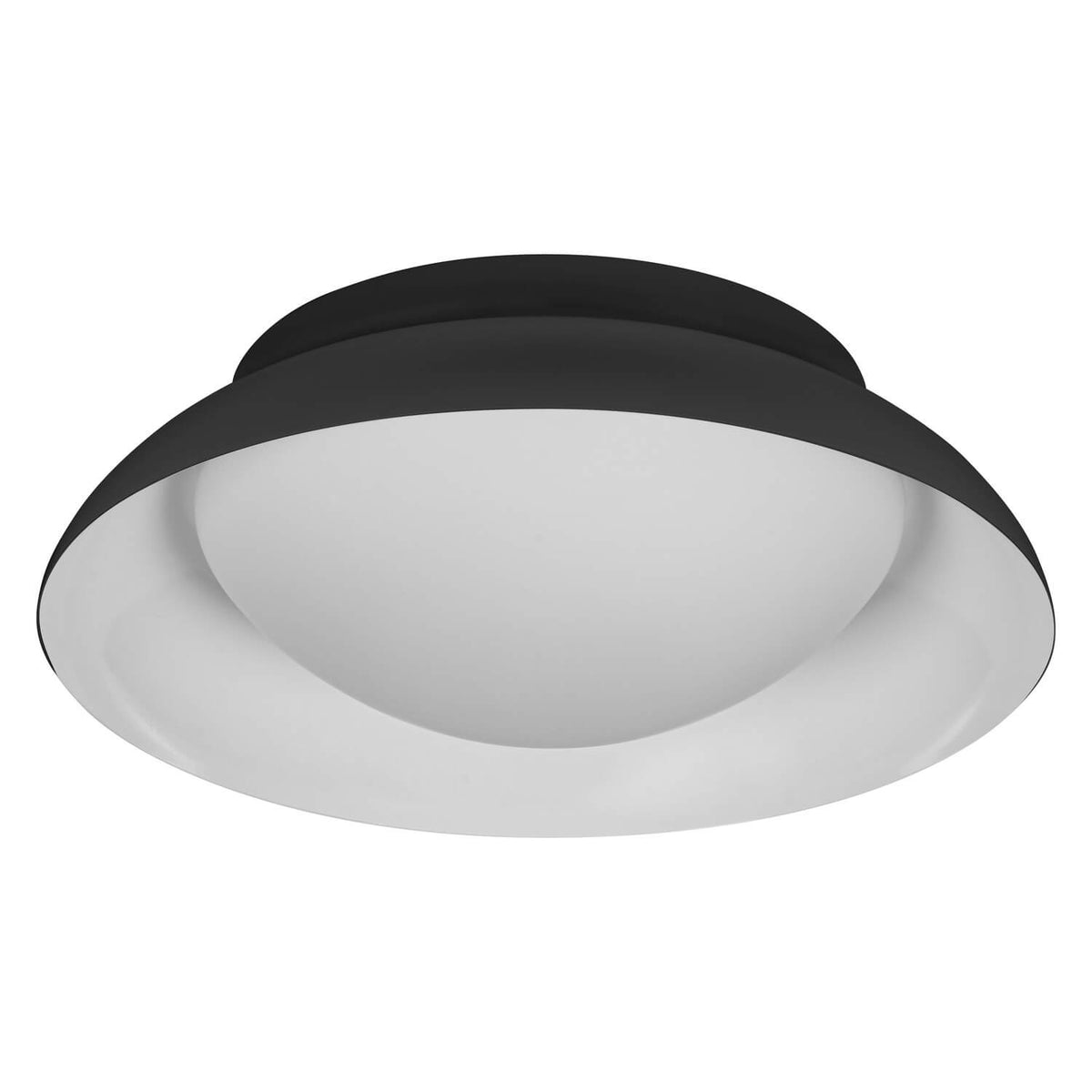 Vue de face du plafonnier rond noir avec diffuseur blanc.