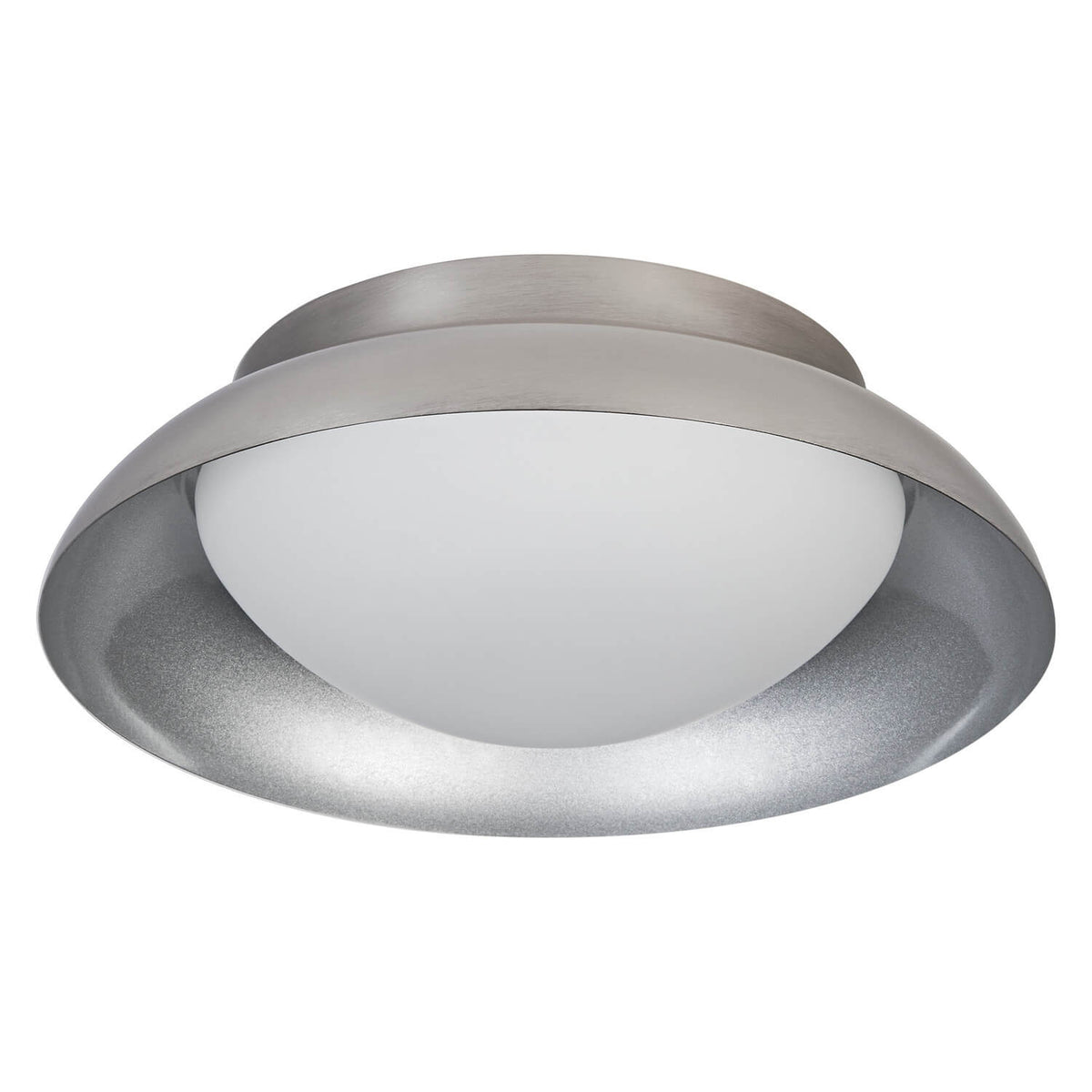 Plafonnier circulaire en nickel brossé avec diffuseur blanc opale, vu de face.