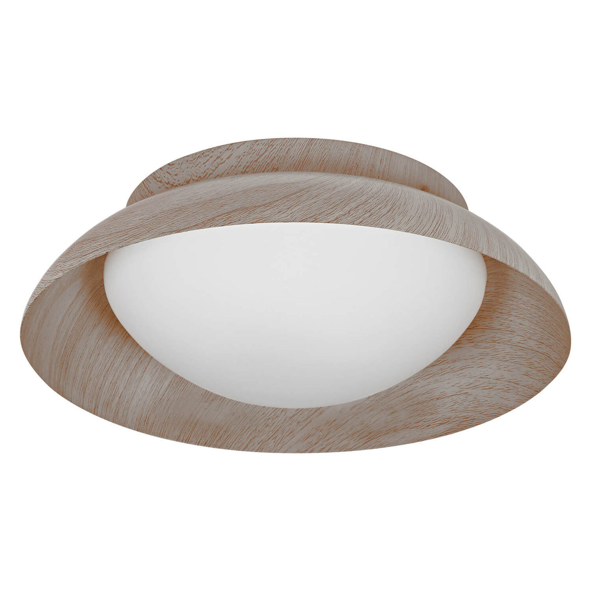 Vue de face du plafonnier rond en bois clair avec diffuseur blanc.