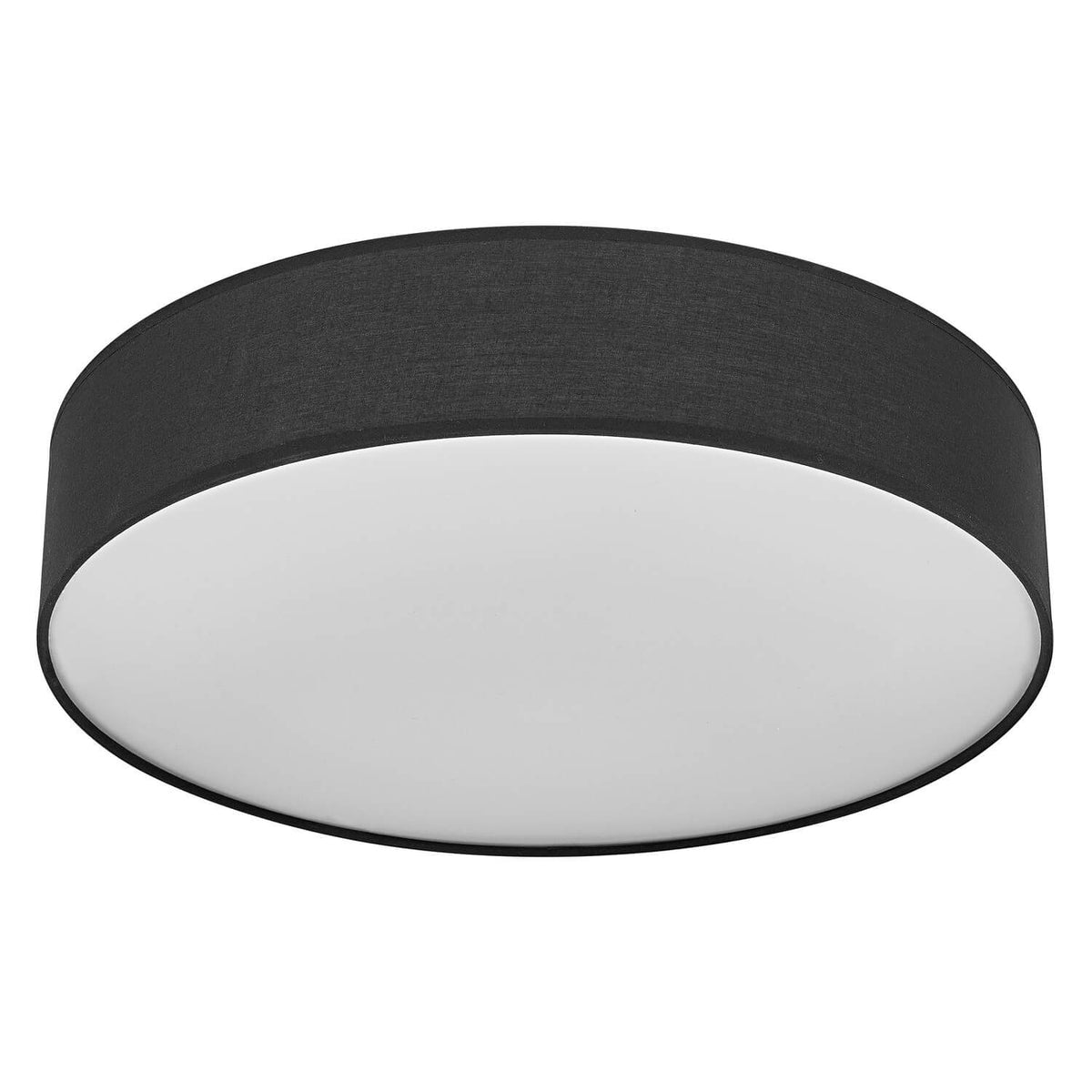 Vue de face du plafonnier rond noir, abat-jour en tissu et diffuseur blanc