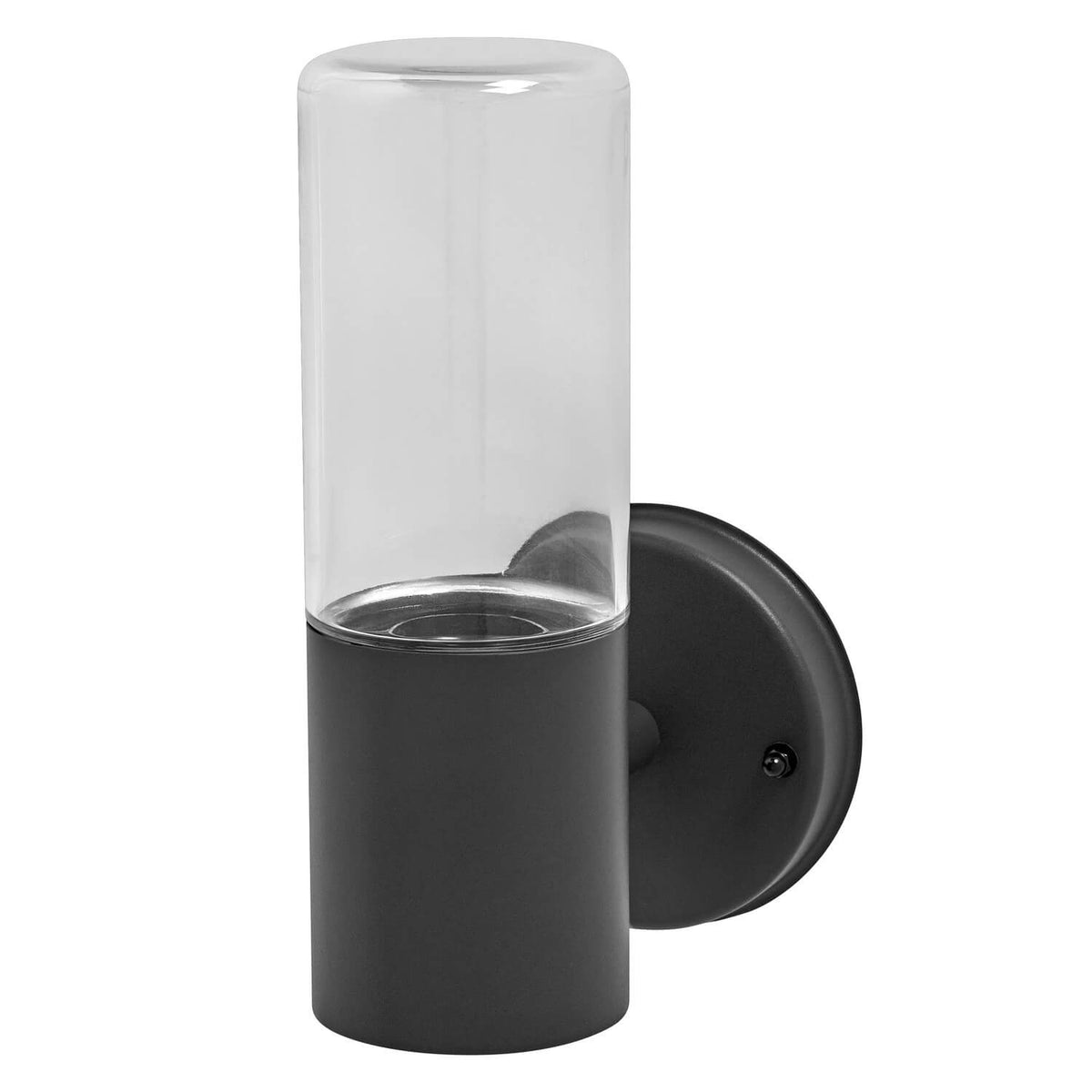 Applique murale cylindrique anthracite avec verre transparent, présentée de face sur fond blanc.