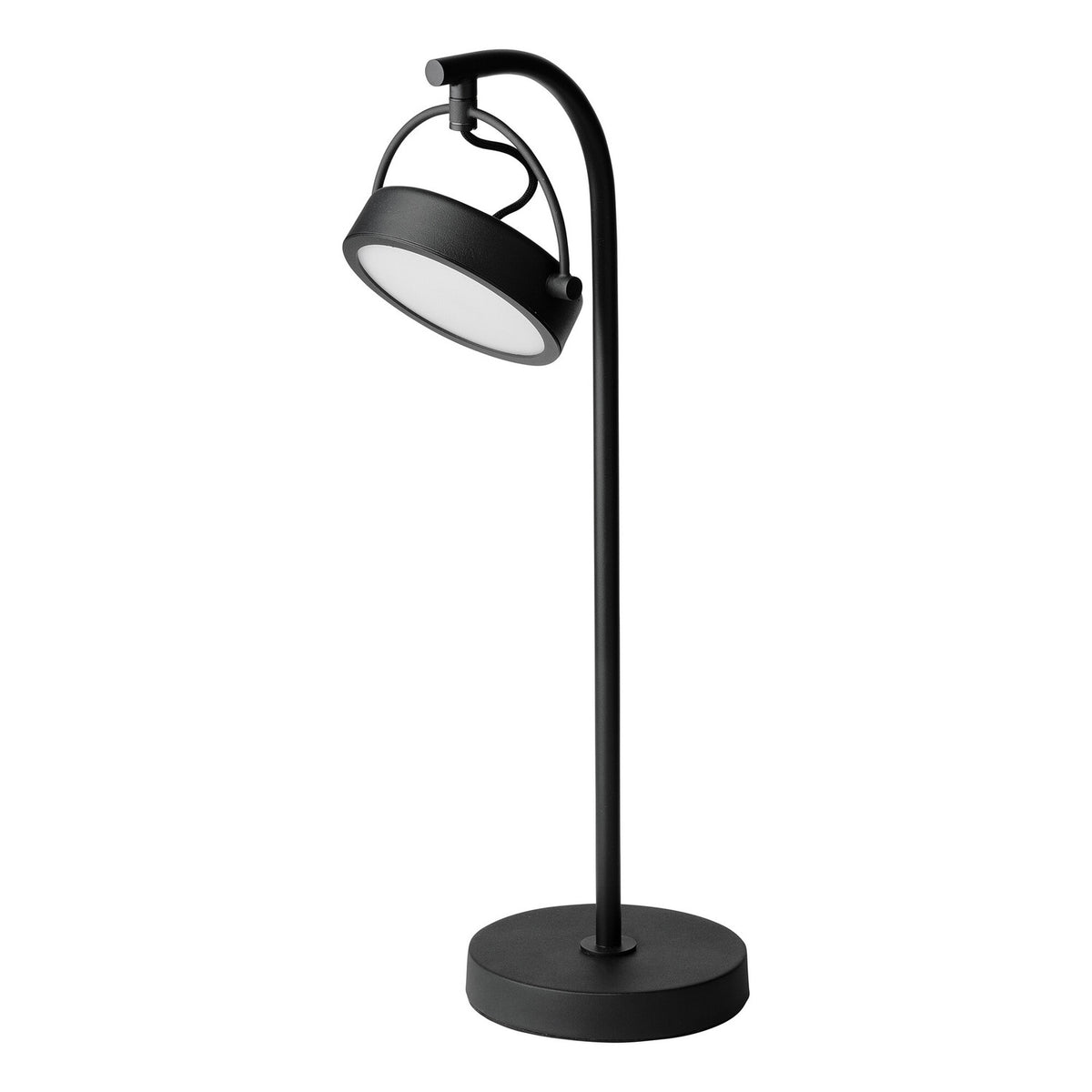 Lampe à poser noire vue trois quarts, abat-jour rond et bras courbe.