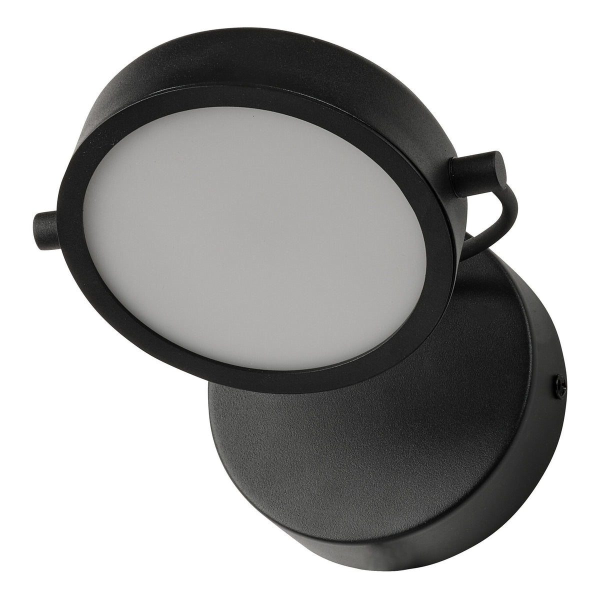 Vue de face de l'applique murale noire Puck avec son diffuseur blanc opaque.