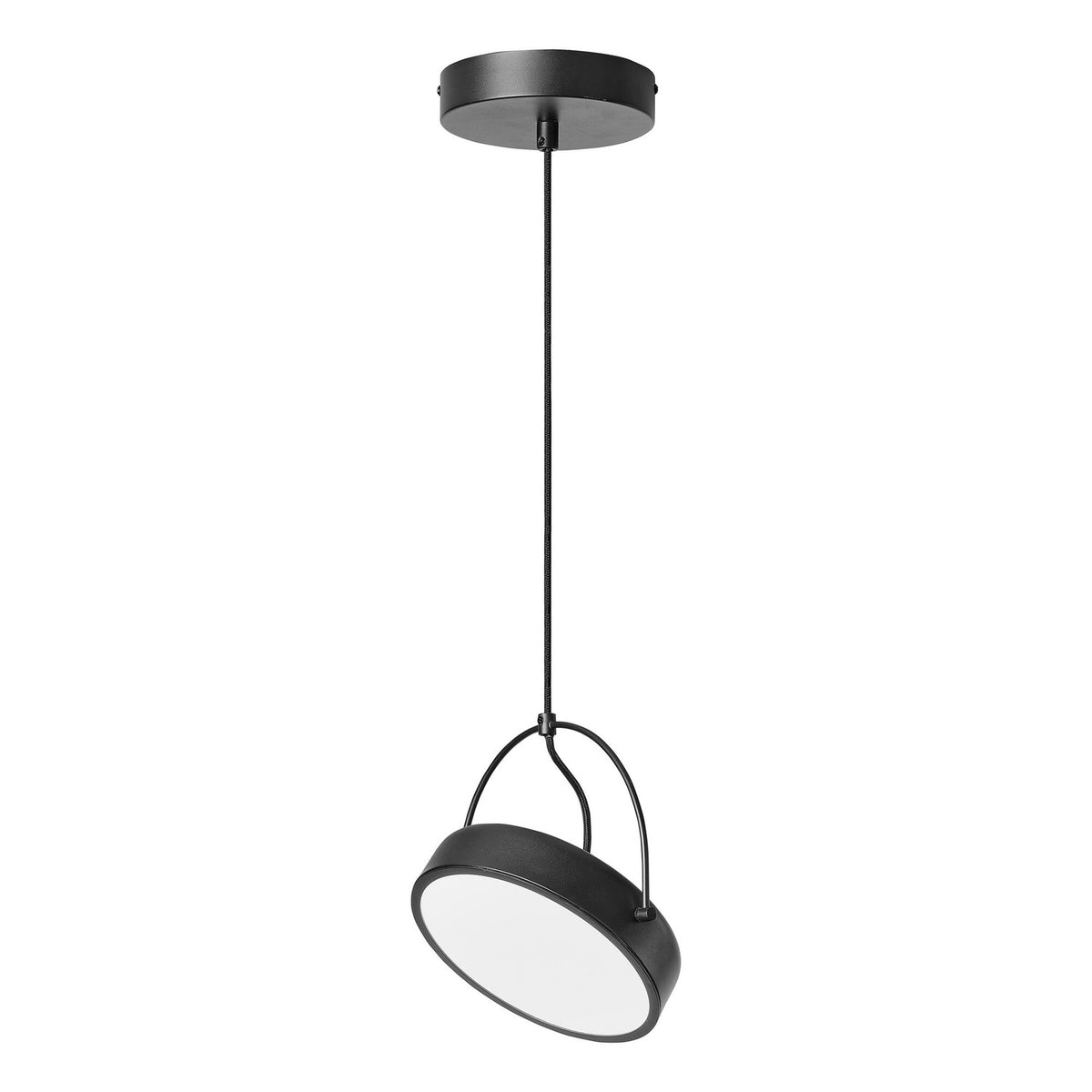 Suspension noire vue de face avec son abat-jour rond et son diffuseur blanc.