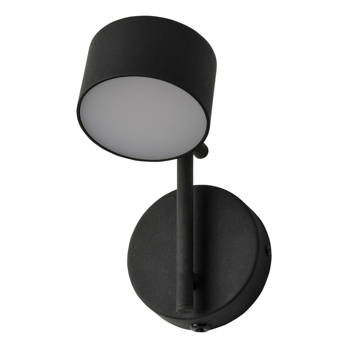 Applique murale noire vue de face, abat-jour cylindrique et base ronde.