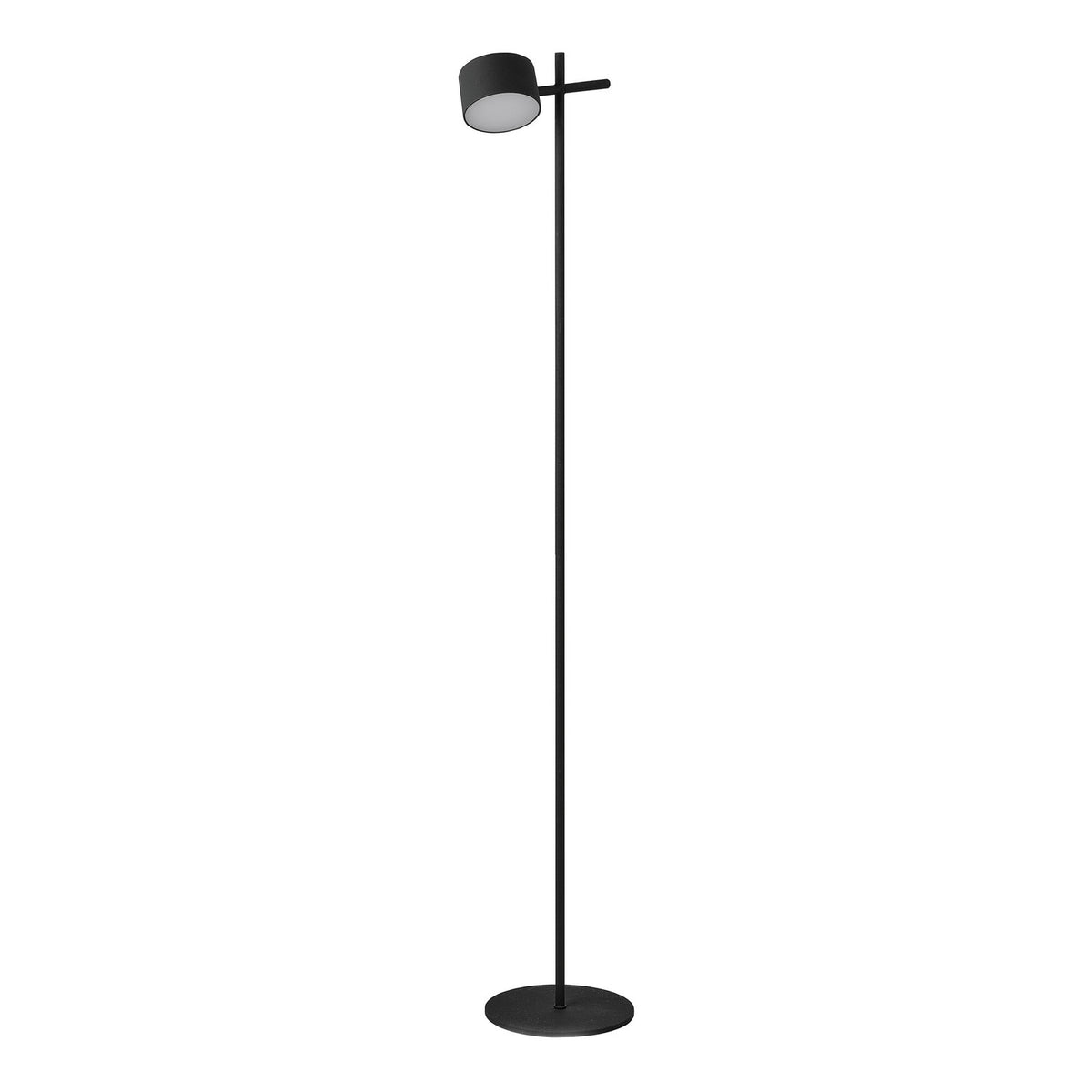 Lampadaire noir sur fond blanc, abat-jour cylindrique et long pied fin