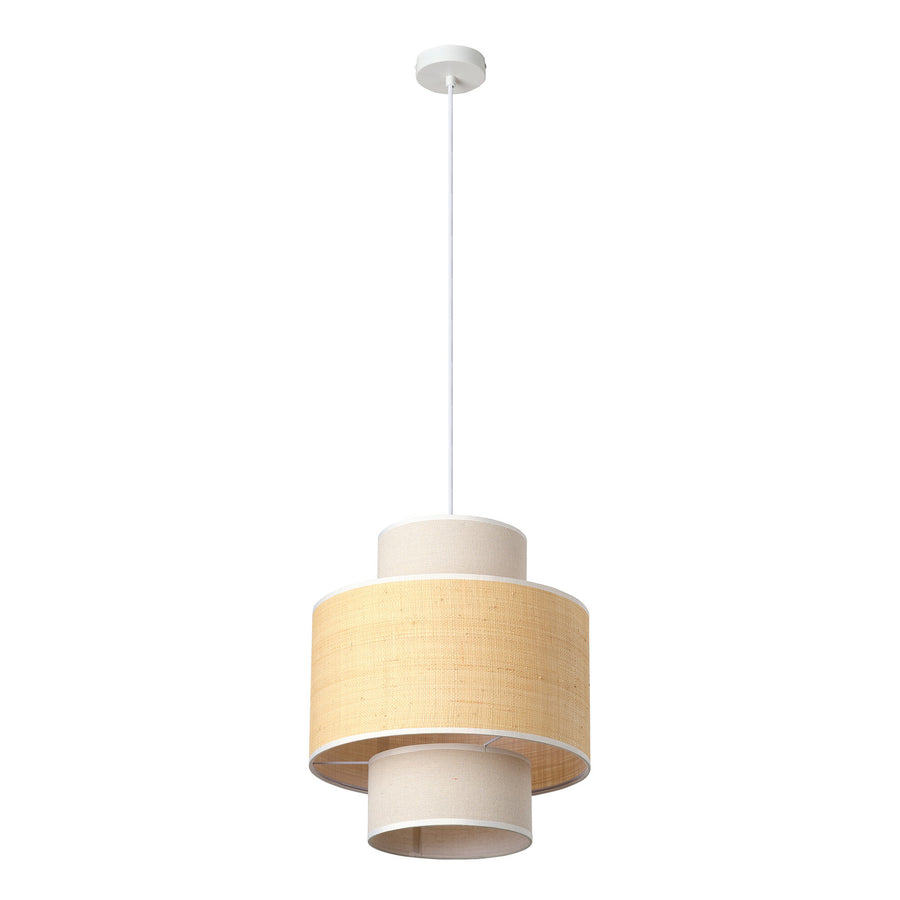 Suspension complète sur fond blanc, triple abat-jour cylindrique en tissu beige et câble fin.