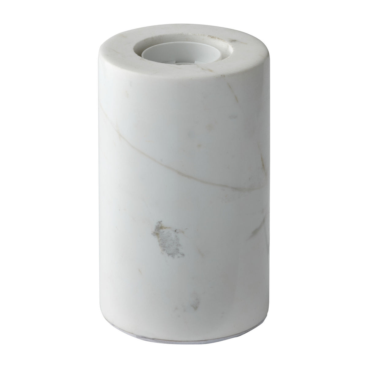 Base cylindrique en marbre blanc veiné vue de face sur fond blanc.