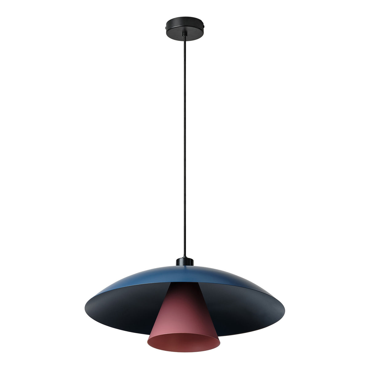 Suspension bleue et rose fuchsia présentée de face sur fond blanc, avec câble et rosace.