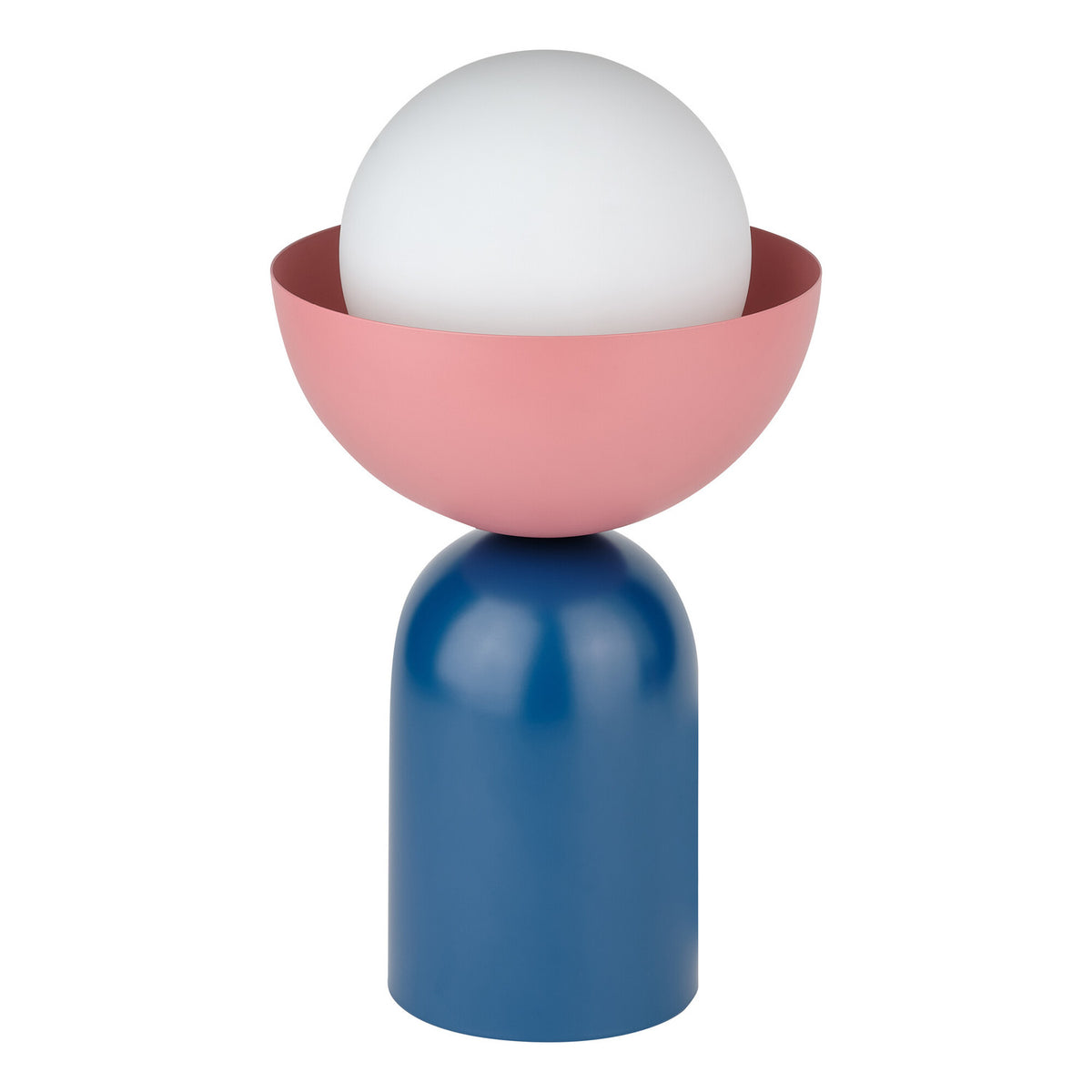 Lampe de table de face sur fond blanc, diffuseur sphérique blanc dans coupelle rose.