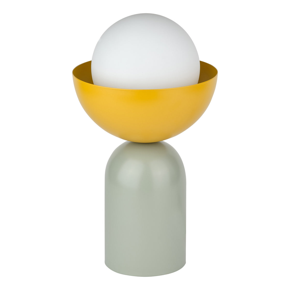 Lampe à poser de face sur fond blanc, sphère blanche dans bol jaune et base verte.