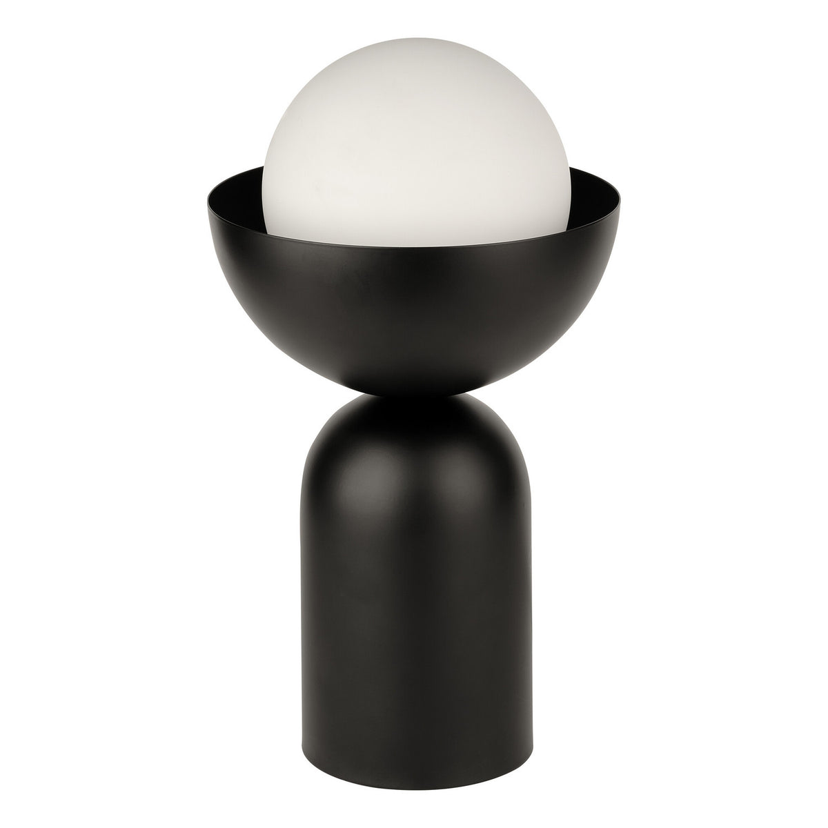 Lampe à poser noire de face, sphère blanche dans une coupelle noire.