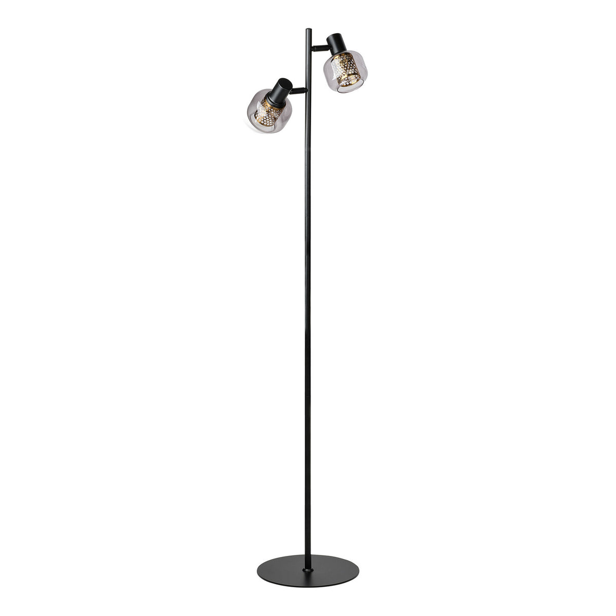 Lampadaire noir à deux têtes orientables et abat-jours en verre fumé, fond blanc.