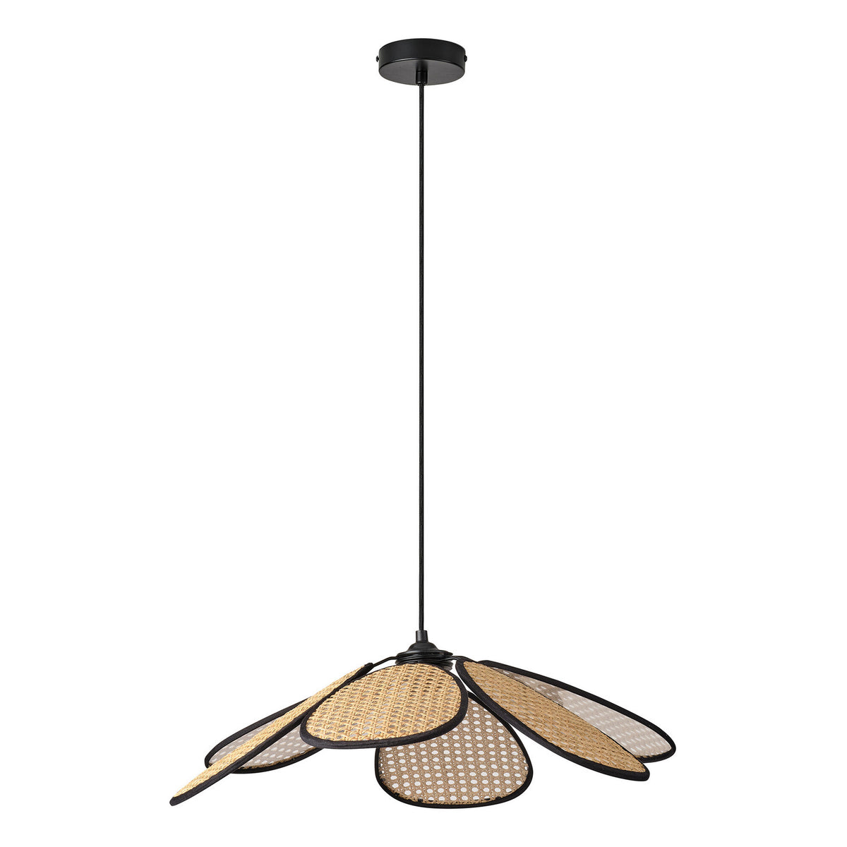 Suspension en cannage beige et bordure noire, vue de face sur fond blanc.