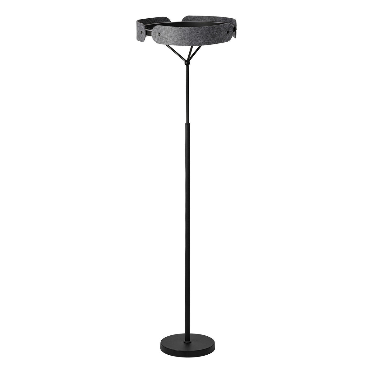 Lampadaire noir sur fond blanc avec abat-jour circulaire en feutre anthracite.