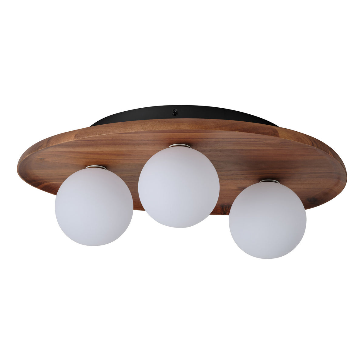 Plafonnier en bois acacia avec trois globes en verre opale, vu de face.