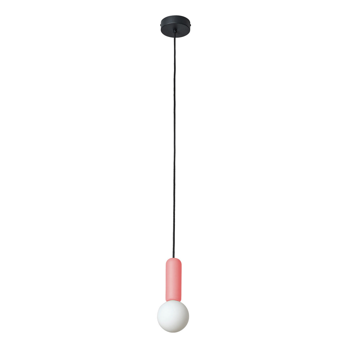 Suspension complète sur fond blanc avec câble noir, cylindre rose et globe blanc.