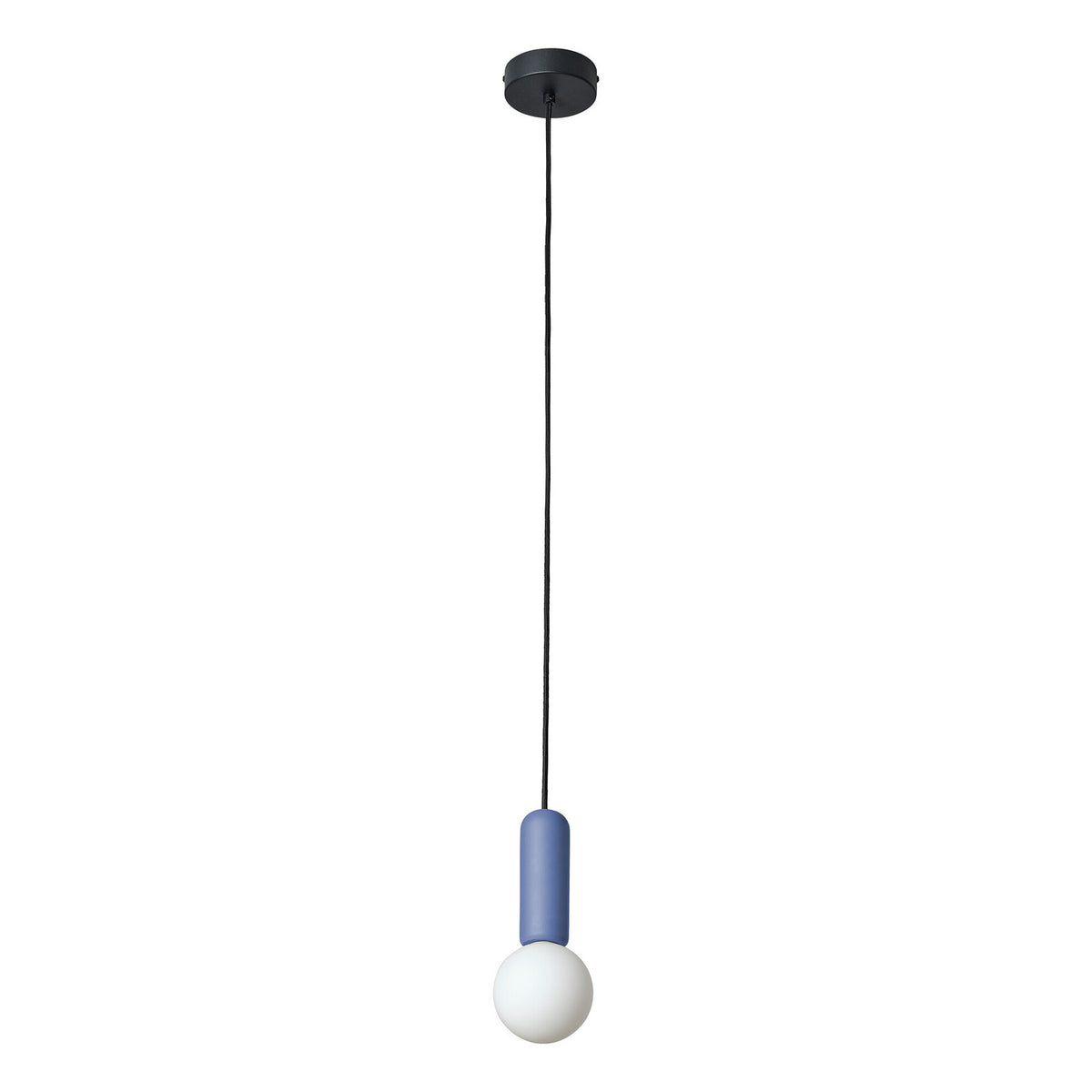 Suspension bleue vue de face avec câble noir et globe blanc