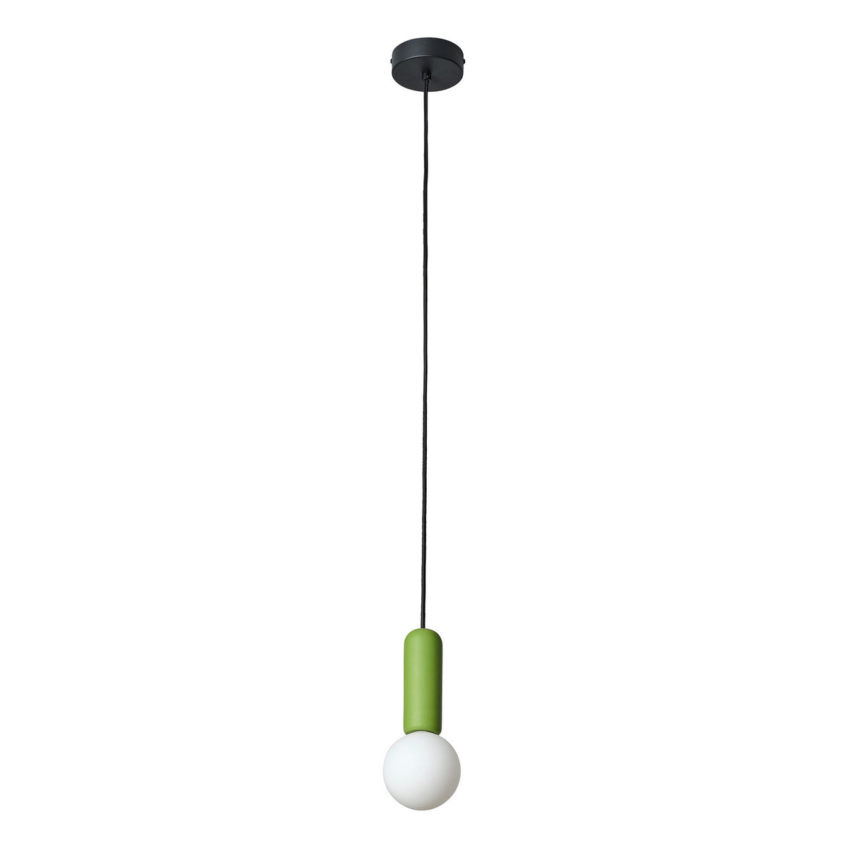 Vue produit de la suspension complète avec cylindre vert et globe blanc.