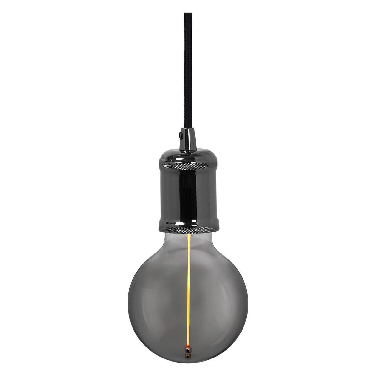 Suspension noire avec douille cylindrique et ampoule globe fumée, vue de face.