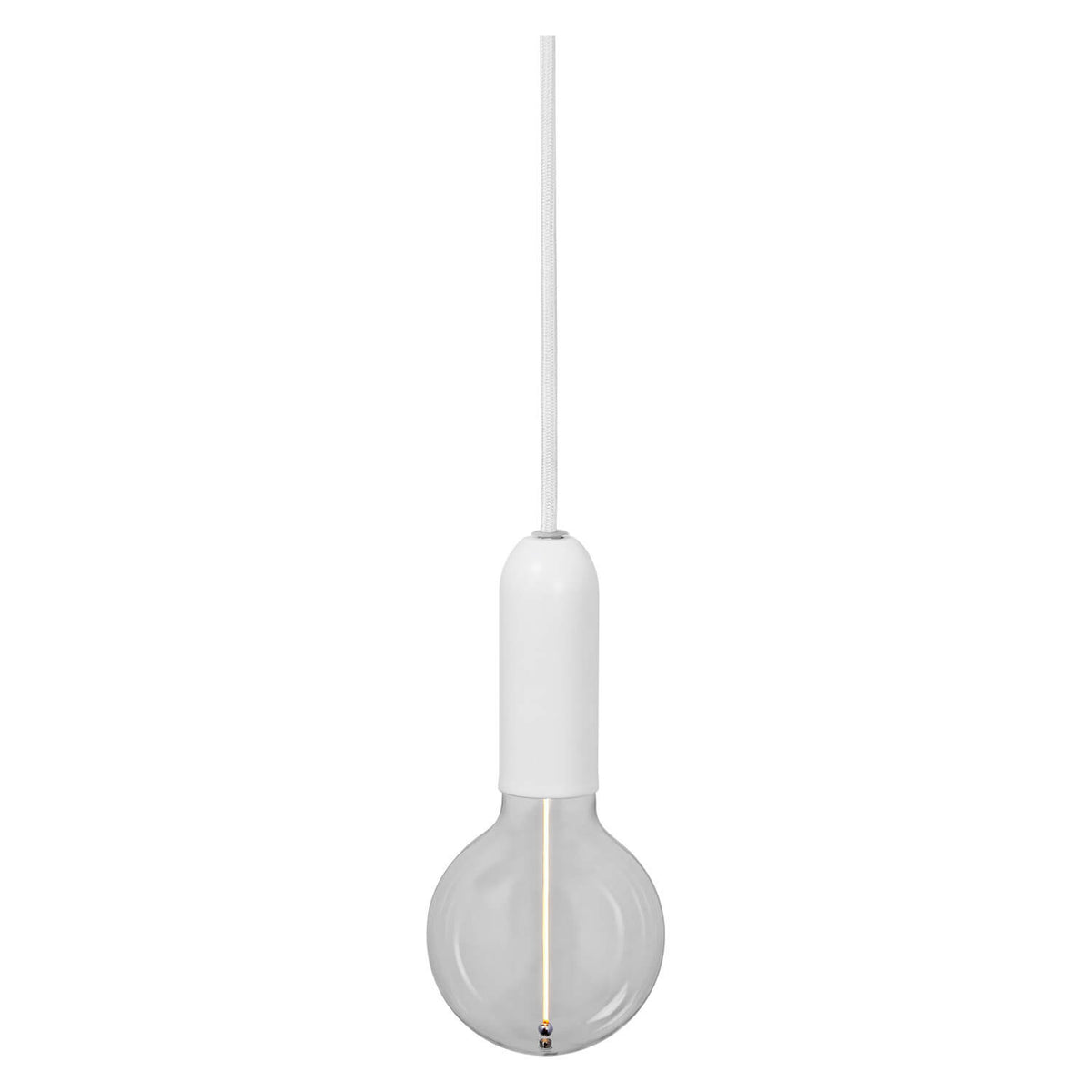 Suspension blanche avec douille cylindrique et ampoule transparente ronde, vue de face sur fond blanc.