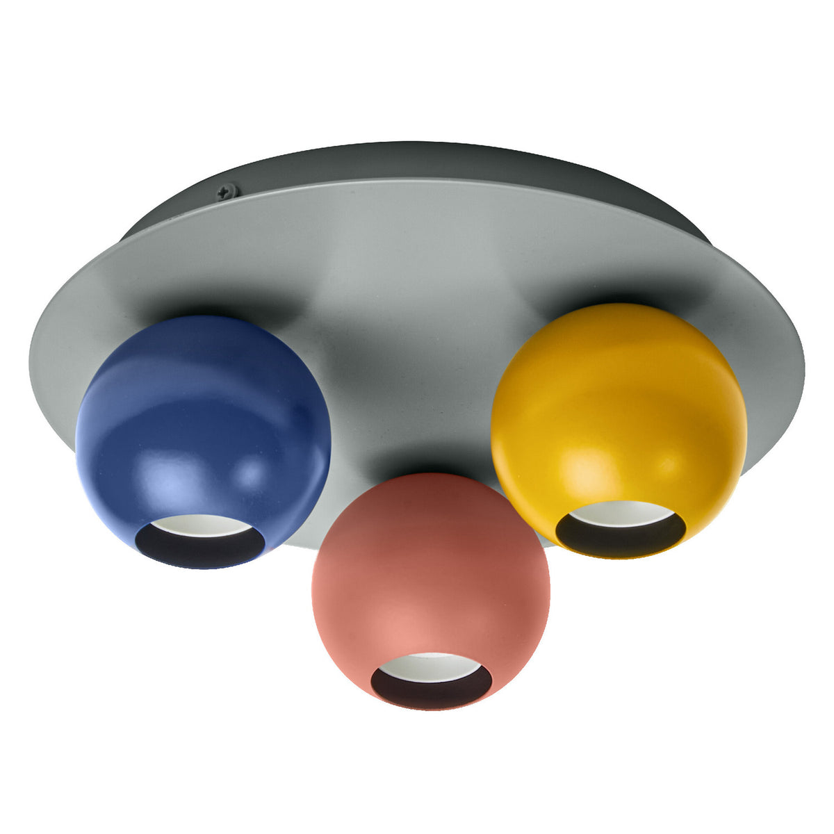 Vue de face du plafonnier à trois globes bleu, jaune et corail sous plaque ronde.