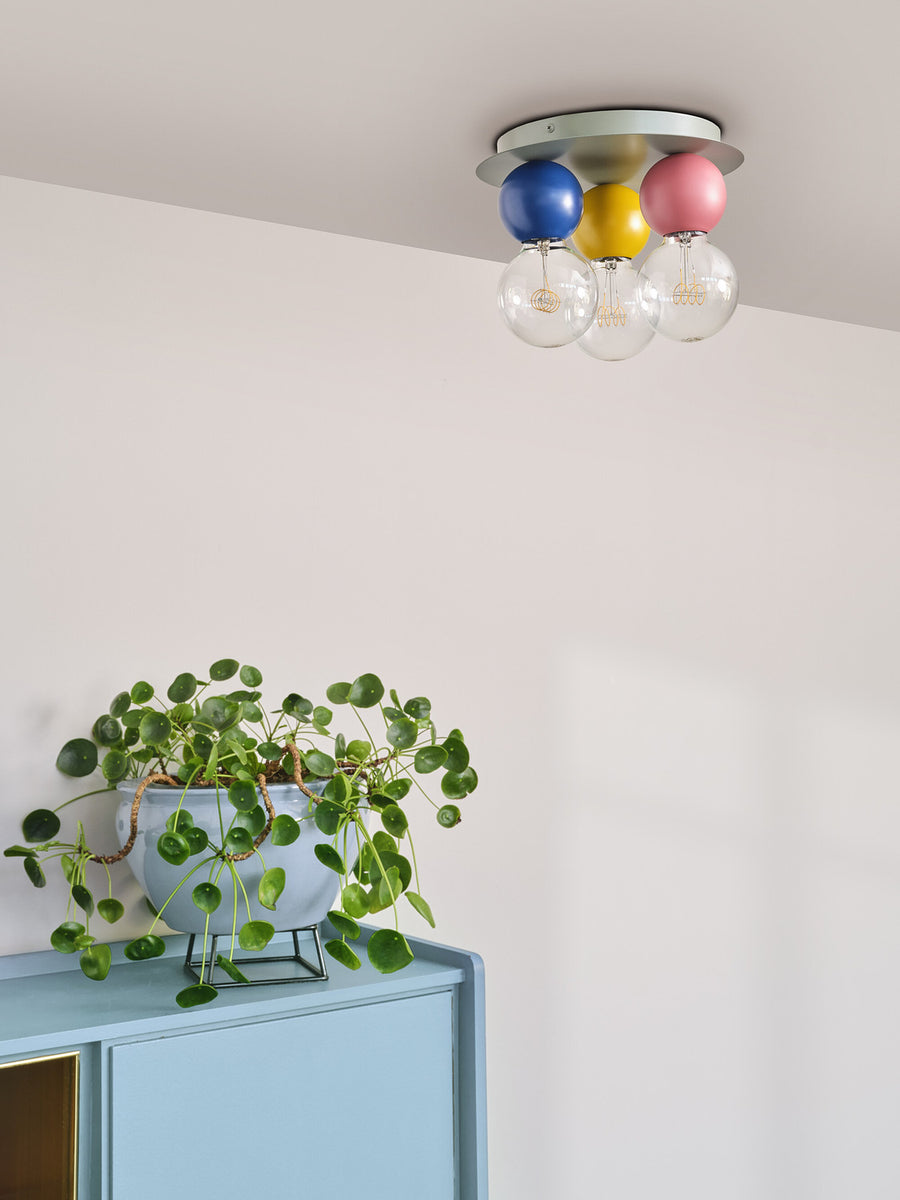 Plafonnier fixé au plafond au-dessus d'une plante verte sur un meuble bleu.